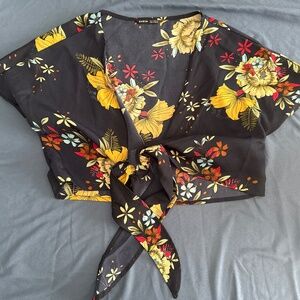 Navy blue floral cropped front tie shirt